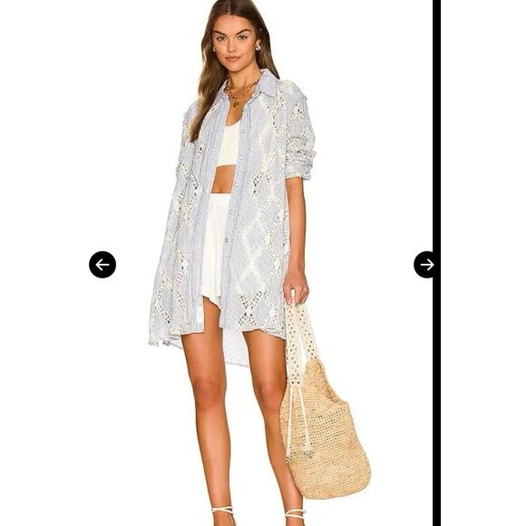 Free People Top small button down all over crochet oxford Maldives Stripes NWT - Picture 2 of 14